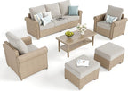 Patio Furniture Set 6 pcs, Wicker Rattan Sofa with 5.5” Thick Waterproof Cushions, 2 Chairs, 2 Ottomans and Coffee Table, All Weather Outdoor Conversation Set for Backyard Deck, 7 Seats Beige