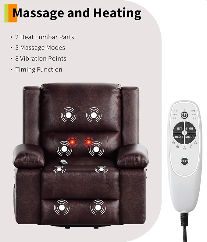 GarveeHome Oversized Electric Lift Recliner Chair - Heat and Massage, PU Leather Power Lift Recliner for Elderly & Mobility Impaired, Adjustable Back and Legs, Heavy Duty Lift Chair for Seniors