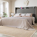 Allewie Queen Size Platform Bed Frame with USB Charging Station and Storage Shelf/Upholstered Velvet Wingback Headboard/Wooden Slats Support/No Box Spring Needed/Easy Assembly, Grey