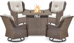 Outdoor Patio Swivel Gliders with Fire Pit Table 5 Piece Set - High Back Brown Wicker Rattan Rocking Chair with Thick Cushion for Porch Apartment Deck Yard Poolside Garden - Beige