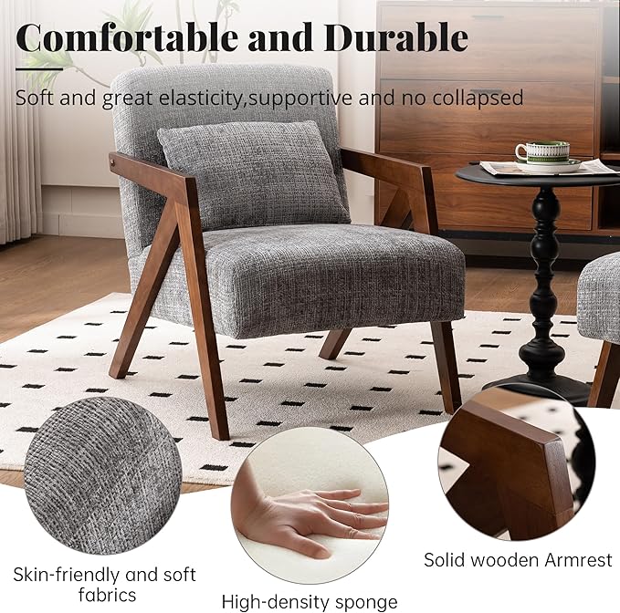 Mid-Century Modern Accent Chair with Solid Wood Frame，Upholstered Chenille Living Room Arm Chairs with Pillow for Bedroom, Living Room, Reading Room, Balcony, Grey