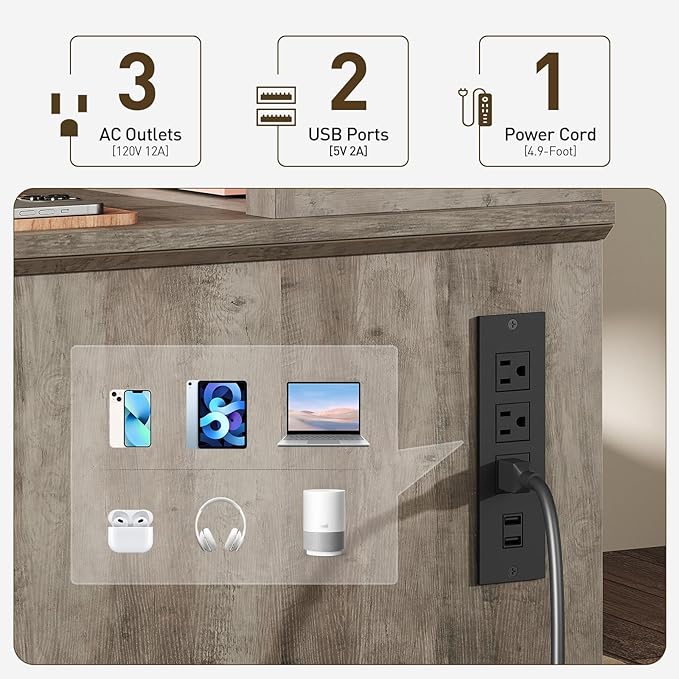 55'' Farmhouse Executive Desk with Drawers, Home Office Desk with File Cabinet and Storage Shelf, Charging Station, Computer Desk with Monitor Stand, Writing Gaming Desk, Greige