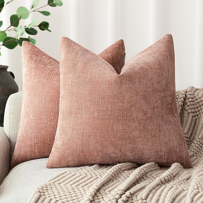Foindtower Pack of 2 Textured Chenille Throw Decorative Pillow Covers Square Accent Solid Cushion Cover Neutral Farmhouse Pillow Case for Couch Sofa Bedroom Living Room 24x24 Inch,Dusty Pink