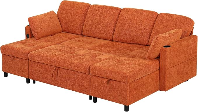 110" Sectional Pull Out Sofa Bed with Adjustable Backrests, U-Shaped Sleeper Sofa with USB Ports, Upholstered Reversible Couch with Cup Holder & Storage Space for Living Room, House, Orange
