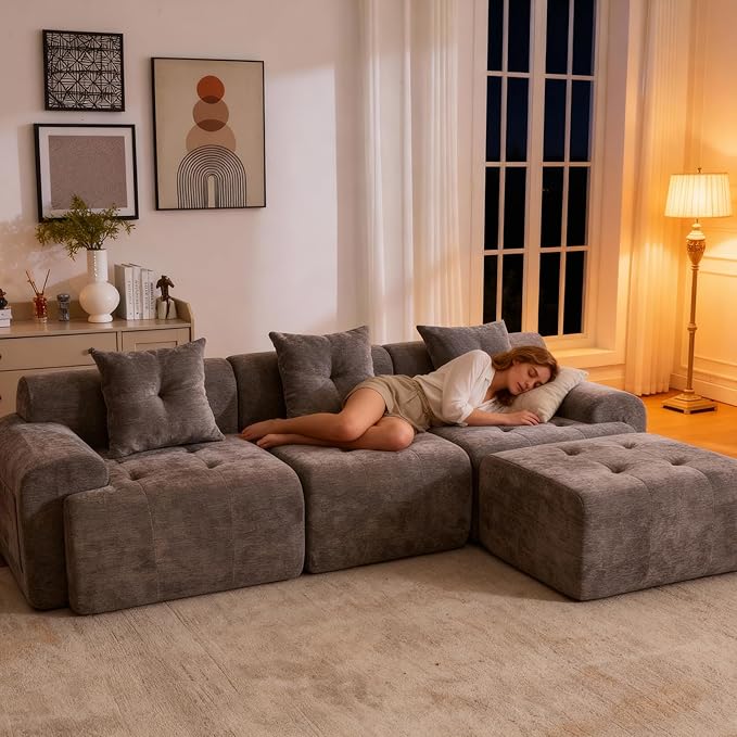 101.65” Modular Sectional Couch for Living Room, Modren L-Shape Cloud Sectional 3-Seater Sofa with Movable Ottoman, Woven Texture Upholstery Boneless Couch, No Assembly Grey