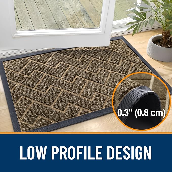 OLANLY Front Door Mat Indoor Outdoor Entrance, Waterproof All-Season, All-Weather Doormat, Sturdy Natural Rubber, Low Profile, Easy Clean Patio Porch Entryway Mat, Herringbone Brick (Brown, 47x23)