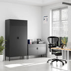 Black Wide Metal Locker Storage Cabinet, 2 Door Accent Cabinet for Home and Office, 2 Tier Low Metal Cabinet With Doors and Shelf, Multipurpose TV Stand