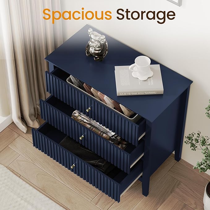 RoyalCraft 32" Large Nightstand, Fluted Painted Wood Dresser with 3 Spacious Drawers, Blue Modern Bedside Table for Bedroom