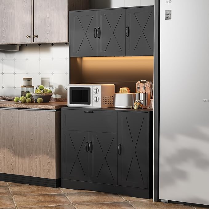 71" Kitchen Pantry Cabinet with Hutch - Freestanding Pantry Cabinet with Drawer, Adjustable Shelves, LED Light & Power Outlets for Kitchen, Dining Room, Living Room (Black)