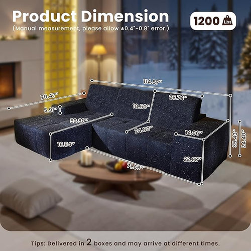 114" Glitter Cloud Sectional Couch with L-Shape Chaise, Modern Boneless Couches for Living Room, Fluffy Tufted Deep Seat Modular Sofa in a Box No Assembly