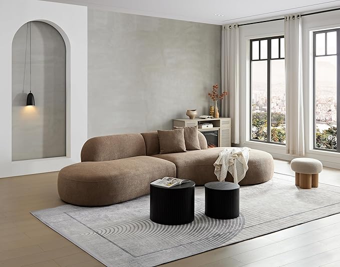 135.4" Curved Sofa Couch Modern Oversized 6-Seat Round Boucle Sectional Sofa Couch with Pillows for Living Room Apartment Furniture,No Assembly Needed(Camel+Right-Facing)