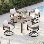 Grand patio 5-Piece Outdoor Dining Set for 4, Metal Woven Wicker Swivel Patio Chairs with Thickened Cushions & 1 Square Woodgrain Dining Table with Umbrella Hole for Backyard Deck (Natural)