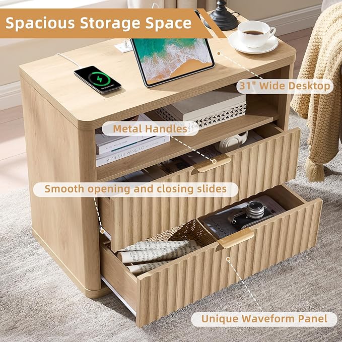 LEYAOYAO 31" Wide Fluted Nightstand Set of 2 with Charging Station, Oversized Extra Large 2 Drawers Night Stand,Natural Wood Bedside Table,Tall End Tables,Modern Chest of Drawers Dressers for Bedroom