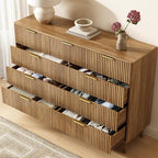 CARPETNAL Fluted 9 Drawer Dresser for Bedroom, 55" Wide Wooden Chest of Drawers with Rounded Corners, Gold Handles, Modern Storage Organizer for Bedroom, Hallway(Walnut)