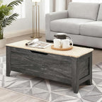 VECELO 43.3" Storage Bench, Entryway Shoe Ottoman, Farmhouse Style Bench with Handwoven Cushion and Metal Safety Hinges, for Bedroom, Living Room, Entryway, Gray