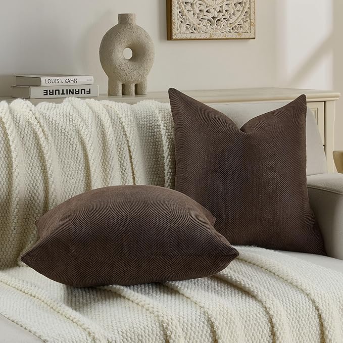 FUTEI Dark Coffee Chenille Throw Pillow Covers 26x26 Inch Set of 2,Soft Wide Chevron Textured Euro Pillow Shams,Farmhouse Home Decor for Couch Bed Living Room