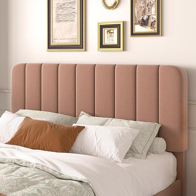 VECELO Full Size Bed Frame with Upholstered Headboard, Velvet Platform Bedframe Mattress Foundation, Strong Wood Slat Support, No Box Spring Needed,Tan Brown