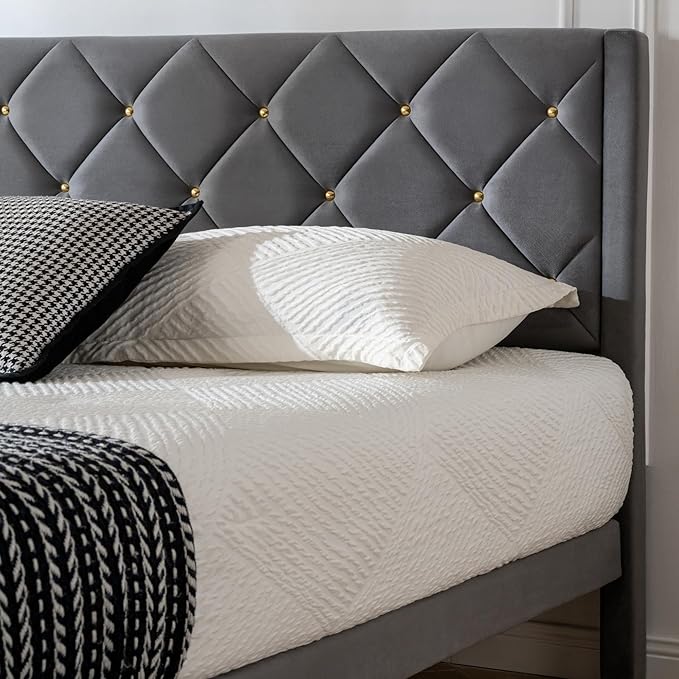 Full Size Platform Bed Frame with Velvet Upholstered Headboard and Sturdy Wooden Slats Support,Mattress Foundation，Easy Assembly, No Box Spring Needed,Slip Resistant (Grey, Full)