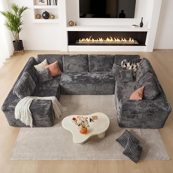 135.4'' U Shaped Sectional Couches for Living Room, Large Boneless Cloud Couch, Modern Modular Sofa Deep Seat Plush Corduroy, No Assembly Required,Plush Corduroy,Gray