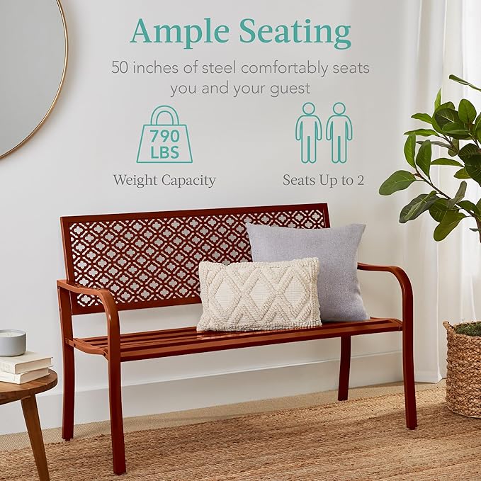 Best Choice Products Outdoor Bench 2-Person Metal Steel Benches Furniture for Garden, Patio, Porch, Entryway w/Geometric Backrest, 790lb Capacity - Rust