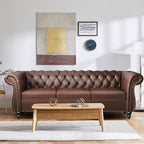 2 Piece Living Room Sofa Set, 3 Seater Faux Leather Sofa Couch and Chair Set, Mid Century Modern Upholstered Couch with Cushions, Vintage Comfy Tufted Chesterfield Couches for Bedroom, Office (Brown)