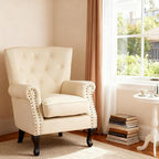 Modern Faux Leather Accent Chair, Upholstered Mid-Century Armchair with Solid Wood Legs, Single Sofa Chair for Living Room, Bedroom, or Reading Room（Ivory White）