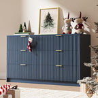 6 Drawer Dresser for Bedroom, 55" Wide Modern Chest of Drawers with Gold Metal Handles, Fluted Wood TV Stand for Living Room, Hallway(Navy Blue)