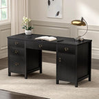 59" Executive Desk with File Drawers Cabinet, Modern Computer Desk with Charging Station, Keyboard Tray, Large Home Office Desk, Farmhouse Wood Desk for Study, Writing, Black