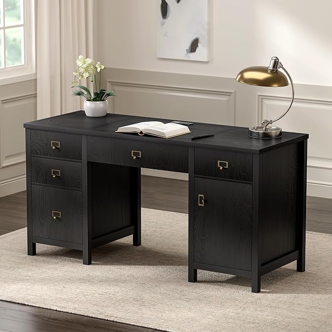 59" Executive Desk with File Drawers Cabinet, Modern Computer Desk with Charging Station, Keyboard Tray, Large Home Office Desk, Farmhouse Wood Desk for Study, Writing, Black