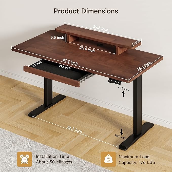 ONBRILL Standing Desk with Drawer, 47x23.6 Inches Solid Wood Desktop Stand Up Desk with Whole-Piece Board and Storage Shelf, Adjustable Height from 28-46 Inches for Home & Office, Black Walnut