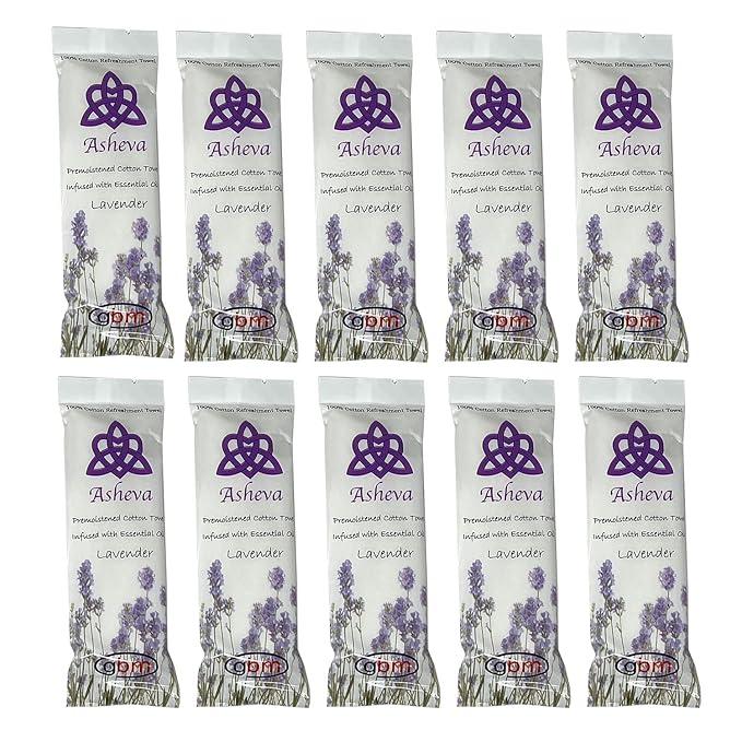Asheva 8" x 9" Individually Wrapped Oshibori Disposable Towels - Luxurious Moist Cotton Hot/Cold Refreshment Towel - Lavender, Lemon, or Tea Tree Scents - Perfect for Spa, Travel, Dining & Events