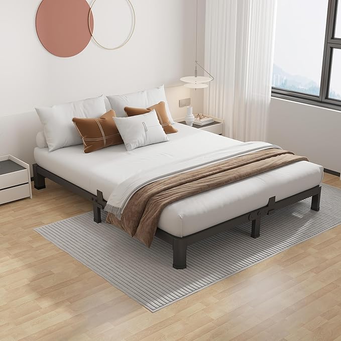 ROIL 4 inch King Size Bed Frame Metal Platform No Box Spring Needed with Round Corner Legs Mattress Stoppers Retainers 3500LBS Heavy Duty Steel Slats Noise-Free