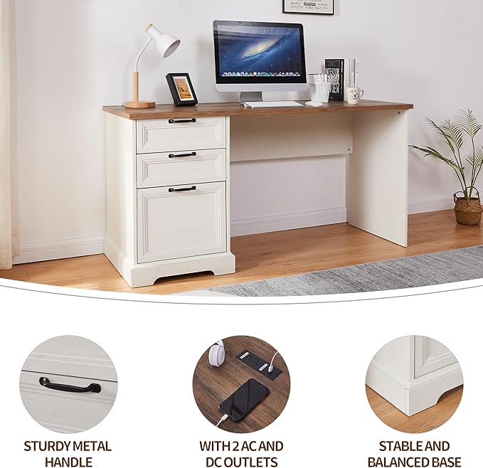 60" Farmhouse Executive Desk with Charging Station,Home Office Desk with 2 Drawers &1 File Cabinet,Fluted Computer Desk for Office and Home (White)