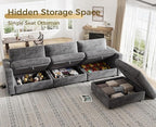 KKL Modular Sectional Oversize Sofa with Adjustable Backrest, 113" L Shaped Couches for Living Room, Down Filled Sectional Sofa Couch with Storage Ottoman Chenille, Grey