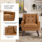 Faux Leather Accent Chairs Set of 2, Mid-Century Modern Upholstered Armchair, Comfy Living Room Chairs Reading Chairs with Button Tufted Back & Solid Wood Legs for Bedroom, Office, Brown