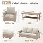 Patio Furniture Set 6 pcs, Wicker Rattan Sofa with 5.5” Thick Waterproof Cushions, 2 Chairs, 2 Ottomans and Coffee Table, All Weather Outdoor Conversation Set for Backyard Deck, 7 Seats Beige
