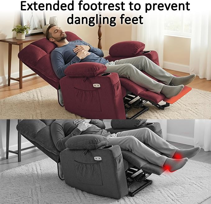 MCombo Large Dual Motor Power Lift Recliner Chair for Elderly, Massage and Heat, Lay Flat, Zero Gravity, Home Button, USB Port, Fabric 7680 (Large, Burgundy)