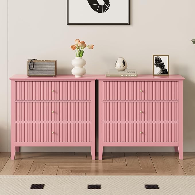 RoyalCraft Fluted 32 inch Wide Nightstand for Bedroom, Large Pink Nightstand with 3 Drawer, Modern End Table, Wood Beside Table for Home and Office