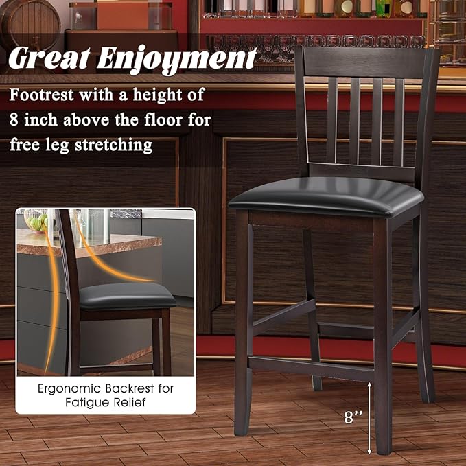 COSTWAY Counter Height Bar Stools Set of 2, 25'' Wooden Pub Chairs with PU Leather Seat, Mid Century Modern Upholstered Island Chairs for Kitchen, Living Room, Dining Room, Bar