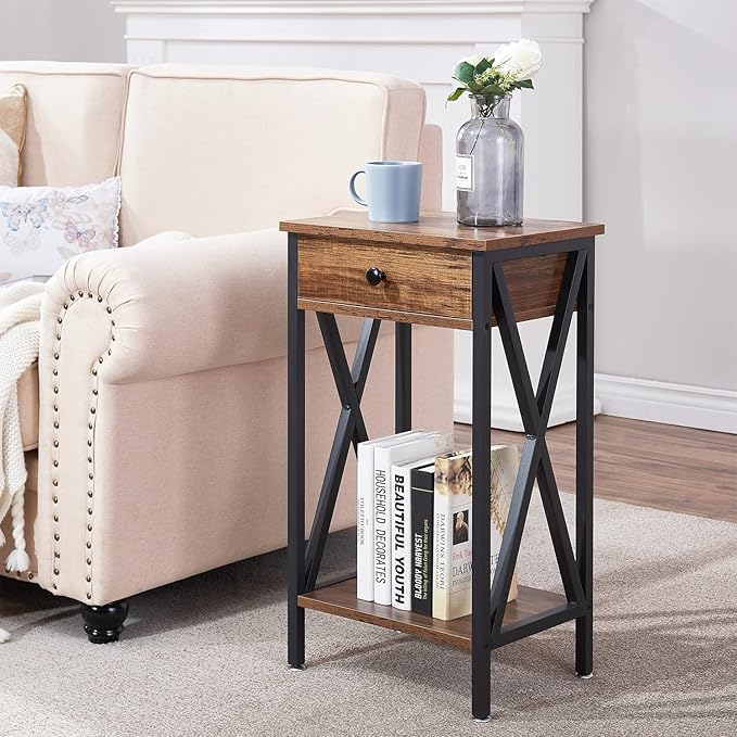 VECELO Modern Versatile Nightstands X-Design Side End Table with Storage Basket Night Stand Storage Shelf for Living Room Bedroom
