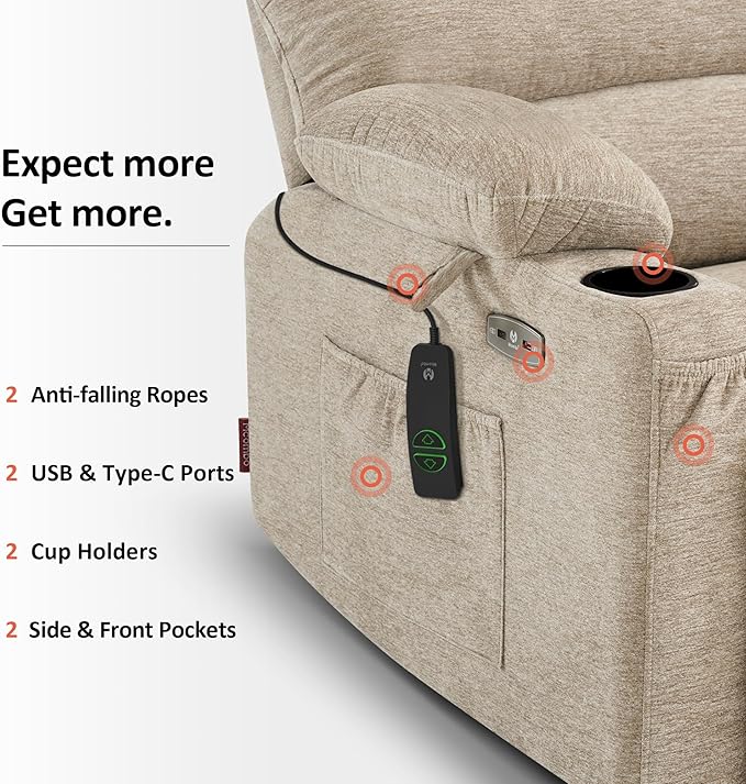 MCombo Power Lift Recliner Chair for Elderly, Lift Chair with Heat and Massage, Extra Wide Lift Recliner for Big People, Fabric R7096 (Medium-Wide, Beige)