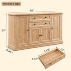Farmhouse 58" Buffet Cabinet with Storage, 34" Tall Sideboard Cabinet w/2 Large Drawers & 4 Grooved Barn Doors, Wood Rustic Sideboard for Dinning Room, Kitchen, Living Room,Natural