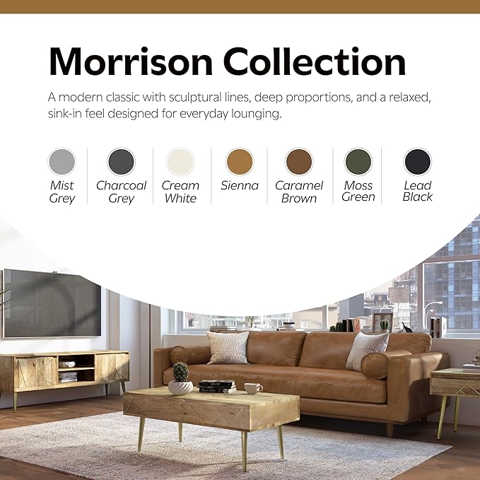 SIMPLIHOME Morrison 89-inch Wide Sofa in Caramel Brown Top Grain Genuine Leather, Mid-Century Modern Design Couch for Living Room, Single Bench Cushion, 2 Back Cushions, 2 Bolster Pillows