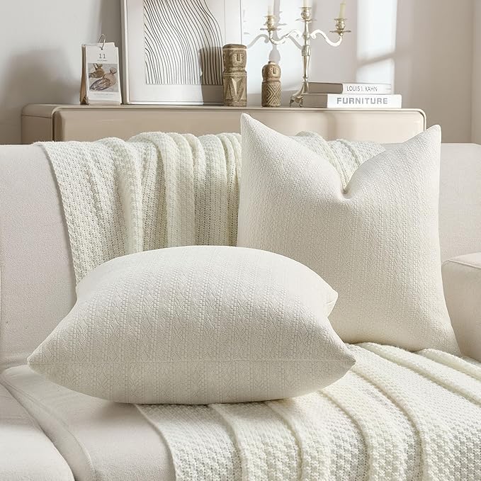 FUTEI Cream Chenille Throw Pillow Covers 22x22 Inch Set of 2,Soft Striped & Diamond Textured Cushion Cases,Modern Home Decor for Couch Living Room