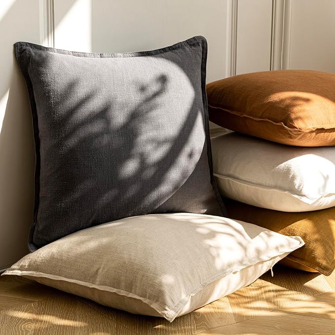Foindtower Pack of 2, Decorative Linen Soild Throw Pillow Covers Soft Accent Cushion Case Boho Farmhouse Neutral Pillowcase for Couch Sofa Bedroom Living Room Home Decor 18 x 18 Inch Natural Beige