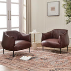 KINWELL 33" W Faux Leather Barrel Chairs Set of 2 with Hand-Tufted Pleated Back Flared Arms, Modern PU Upholstered Accent Chairs with Metal Legs, Large Armchairs Lounge Chairs for Living Room, Red