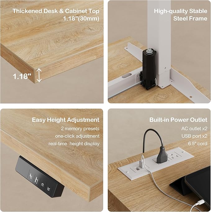 67" Standing Desk with 2 File Cabinets, AC/USB, 1.18" Desktop, L Shaped Height Adjustable Electric Stand Up Desk, Multiple Functions for Home and Office, Light Walnut
