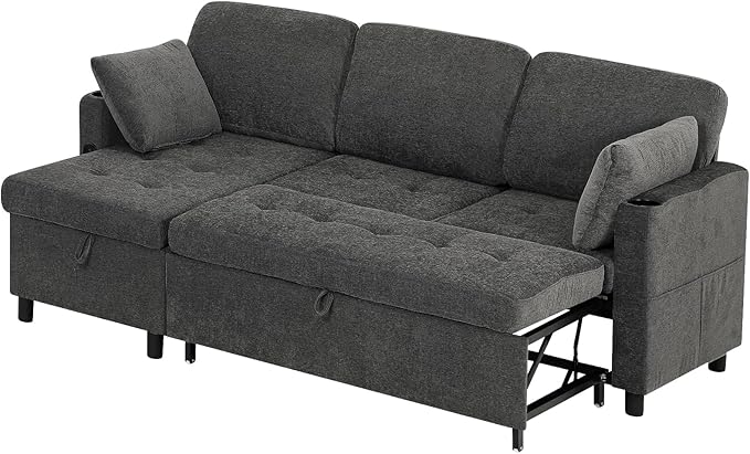84" Fabric Pull Out Sofa Bed w/Adjustable Backrest, L-Shape Modern Sleeper Sofa w/Reversible Chaise, Upholstered Sectional Couch w/USB Port and Side Pockets for Living Room, House, Grey