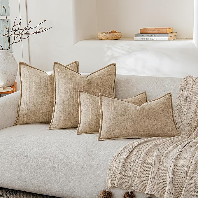 a moment Linen Pillow Covers Set of 2,Boho Farmhouse Throw Pillowcases Neutral Textured Decorative Covers for Couch Sofa Bed, Soft Linen Blend Accent Case Cushion Living Room Home Decor 20"x12"Khaki