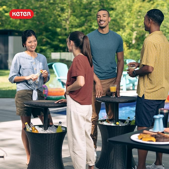 Keter Pacific Cool Bar Outdoor Patio Furniture and Hot Tub Side Table with 7.5 Gallon Beer and Wine Cooler, Dark Grey